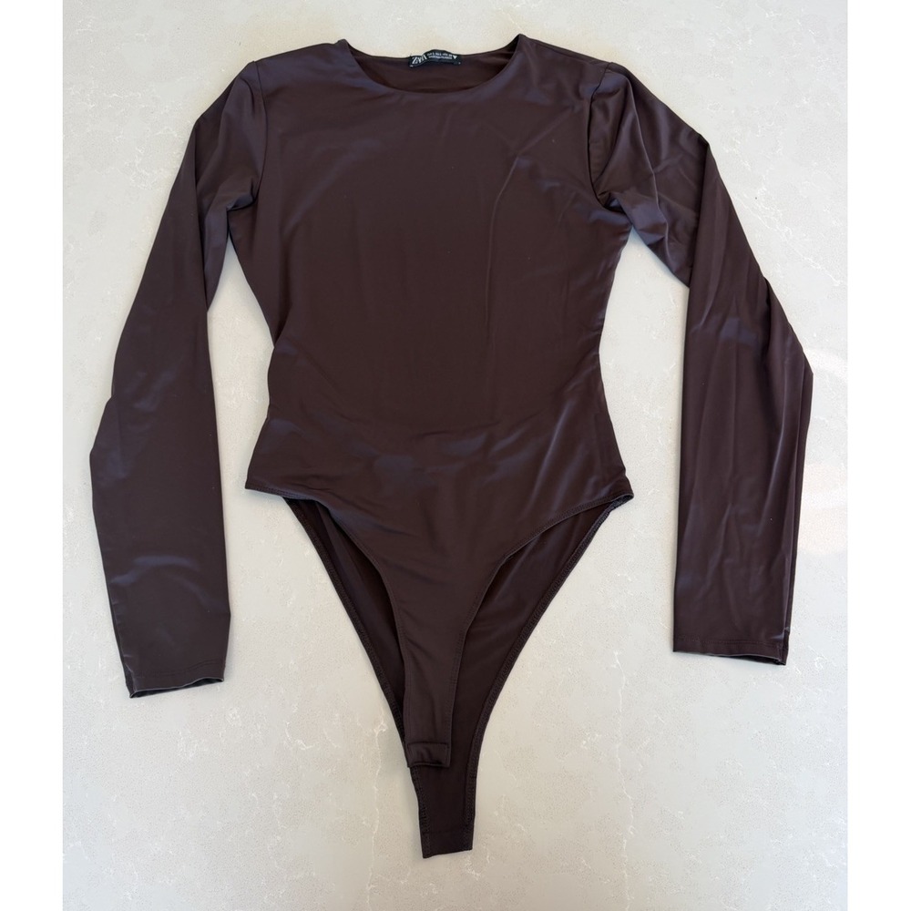 Zara Brown Bodysuit Size L Long Sleeve Open Back Cutout Thong Y2K Going Out